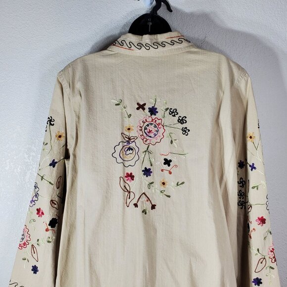 Denim & Co. Womens Beige Embroidered Button Shirt Jacket 1X Floral Long Sleeve - Picture 9 of 14